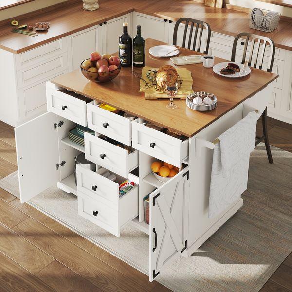 Hochwertige Kücheninsel, Multifunktionaler Servierwagen mit Holzmaserung & großem Stauraum, Mobiler Buffetschrank, Küchenwagen für Esszimmer,Wohnzimmer,Küche,weiß