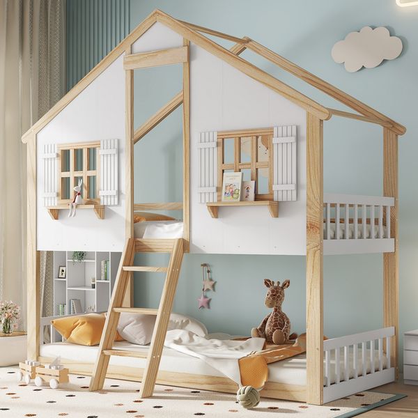 Kinder Etagenbett 90x200 mit Dach & Fenstern - Spielhausbett mit Schrägleiter, Sicherheitsgeländer, Weiß+Natur