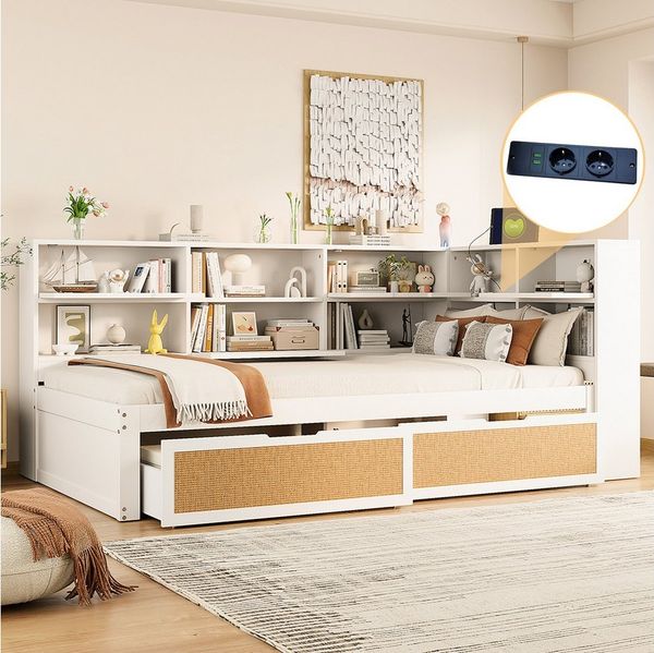 Merax Daybett mit USB-Ladeanschluss & Steckdosenfunktion (Kinderbett Jugendbett Einzelbett, 1 tlg), Schlafsofa 90x200cm mit Schubladen & Ablagefächern, Tagesbett Sofabett