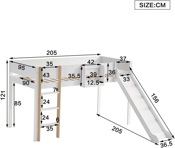 Hochbett 90×200 cm mit Rausfallschutz, Rutsche und Regal, Weiß/Natur, ohne Matratze Bild 5