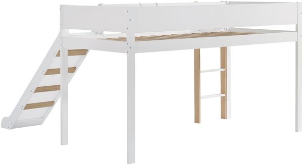 Hochbett 90×200 cm mit Rausfallschutz, Rutsche und Regal, Weiß/Natur, ohne Matratze Bild 7