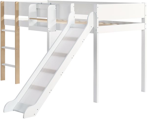 Hochbett 90×200 cm mit Rausfallschutz, Rutsche und Regal, Weiß/Natur, ohne Matratze Bild 9