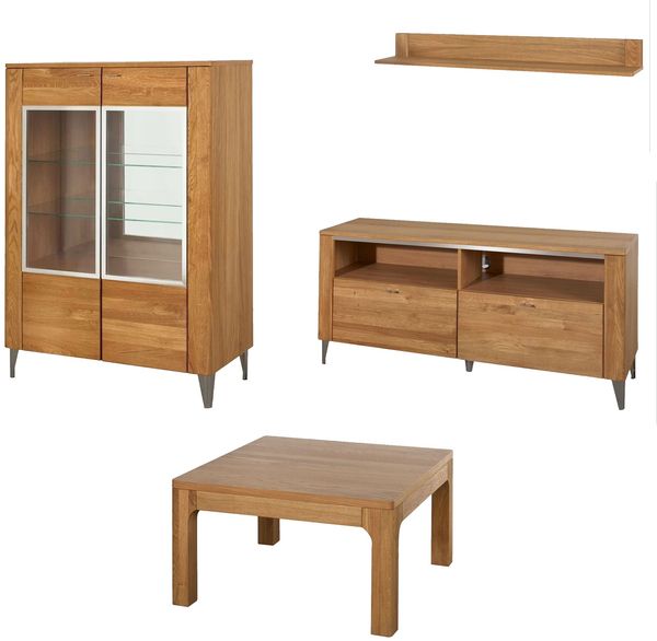 Wohnzimmer-Set Wohnwand Latina 4-teilig Honig Eiche teilmassiv Lowboad Vitrine