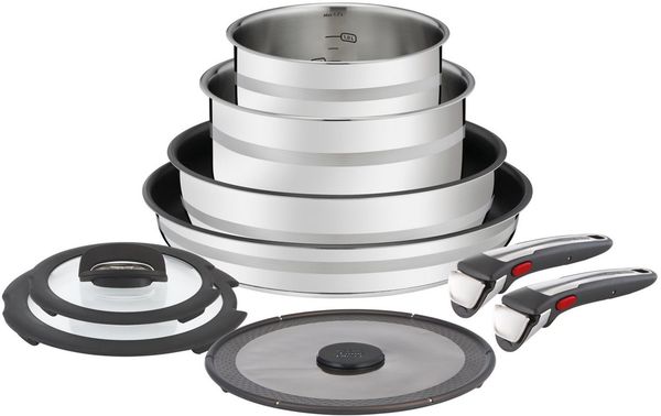 Tefal Pfannen-Set Jamie Oliver Ingenio, Pfannenset abnehmbarer Griff, antihaftversiegelt, Edelstahl (Set, 9-tlg, 2x Pfannen Ø 24/28 cm, 2x Kasserollen Ø 16/20 cm, 3x Deckel, 2x Griffe), stapelbar, platzsparend, einfache Reinigung, Induktion, L97699