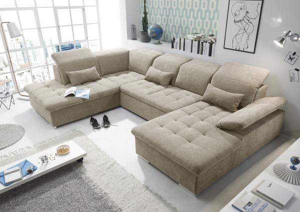 Couch WAYNE L Sofa Schlafcouch Wohnlandschaft Schlaffunktion beige sand U-Form links