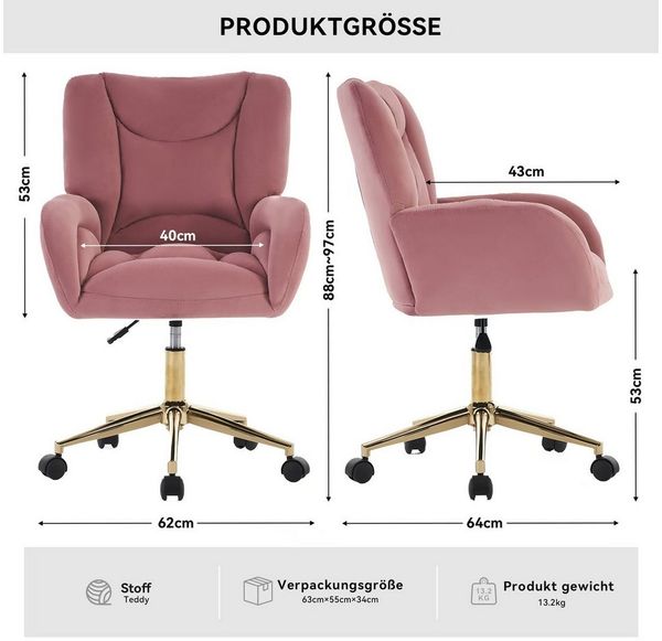 Celya Stuhl Höhenverstellbarer Drehstuhl,Relaxsessel,mit goldene Metallbeine (360°drehbar Velvet Drehstuhl), für Home-Office, Büro & Schlafzimmer,schnelle Montage,Rosa