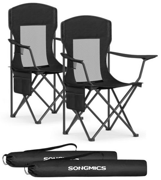 SONGMICS Campingstuhl 2er Set, Klappstuhl Outdoor, Angelstuhl, hohe Rückenlehne, verstellbare Armlehnen, Getränkehalter, klappbar, bis 150 kg belastbar, Camping Garten, tintenschwarz GCBDE028B02