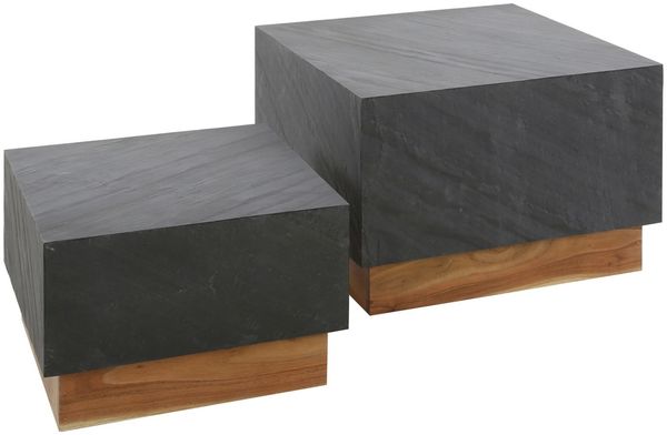 Couchtisch 2er-Set Schieferplatte, modern mit Akazienholz-Sockel, quadratisch, grau, Unikat