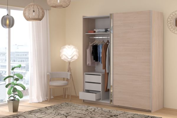 Kleiderschrank Swing in Eiche Jackson von Parisot – Schwebetürenschrank 2 türig, flexibler Stauraum in modernem Design – mit oder ohne Schubkasteneinsatz wählbar - 1 teilig , Kleiderschrank mit Schubkasteneinsatz