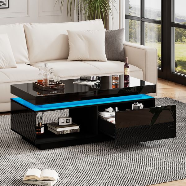 Hochglanz Couchtisch schwarz mit LED, Schublade, moderner Wohnzimmertisch, Design Beistelltisch 100×50×40 cm