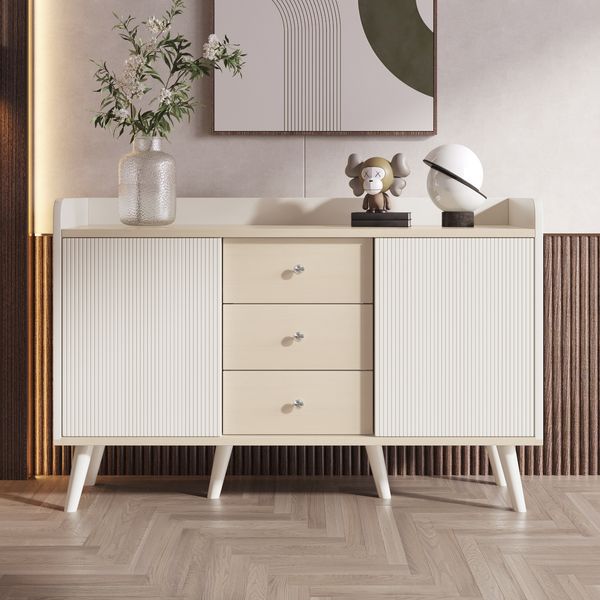 Sideboard 117.5 x 39.5 x 79 cm, 2 gestreifte Schiebetüren & 3 Schubladen, Weiß und Holzoptik, MDF mit Massivholzbeinen