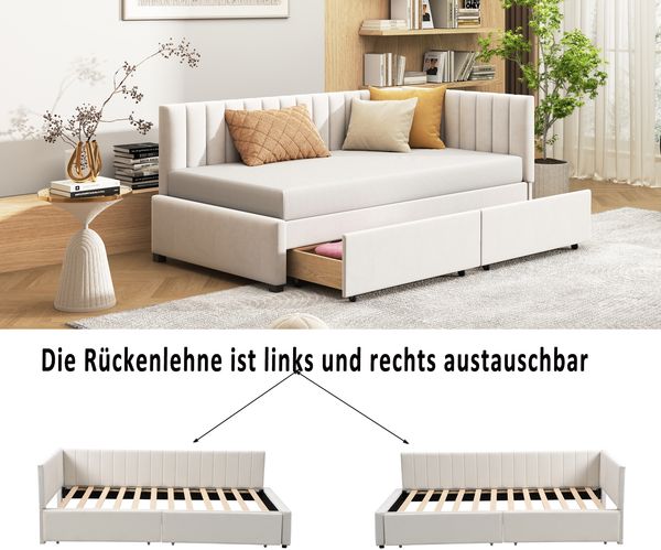 Polsterbett 90×200 cm mit 2 Schubladen und Rückenlehne, Beige, ohne Matratze Bild 6