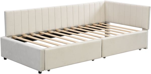 Polsterbett 90×200 cm mit 2 Schubladen und Rückenlehne, Beige, ohne Matratze Bild 3