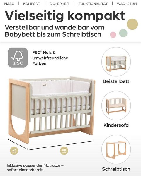 Geuther 4-in-1 Beistellbett Baby Hato, Baby Erstausstattung für Babyzimmer ab Geburt I Gitterbett umbaubar als Kinderbett, Sitzbank oder Kindertisch I Babybett mit Matratze I Buchenholz, Natur-Beige