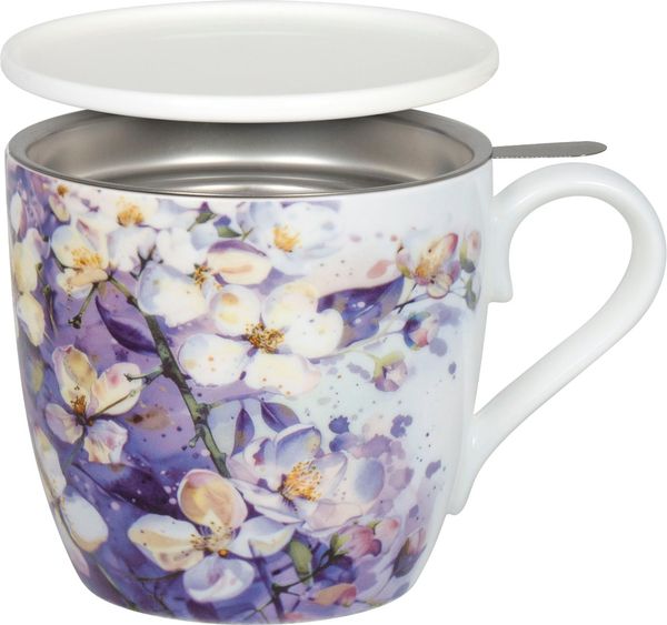 KÖNITZ 115S572929 Becher Purple Blossoms 425 ml mit Sieb und Deckel, Bone China Porzellan