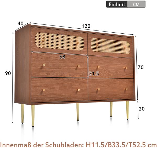 Kommode 120x40x90 cm, 6 Schubladen, Nussbaum-Optik mit Metallbeinen und Rattan-Details,Nussbaum Bild 4