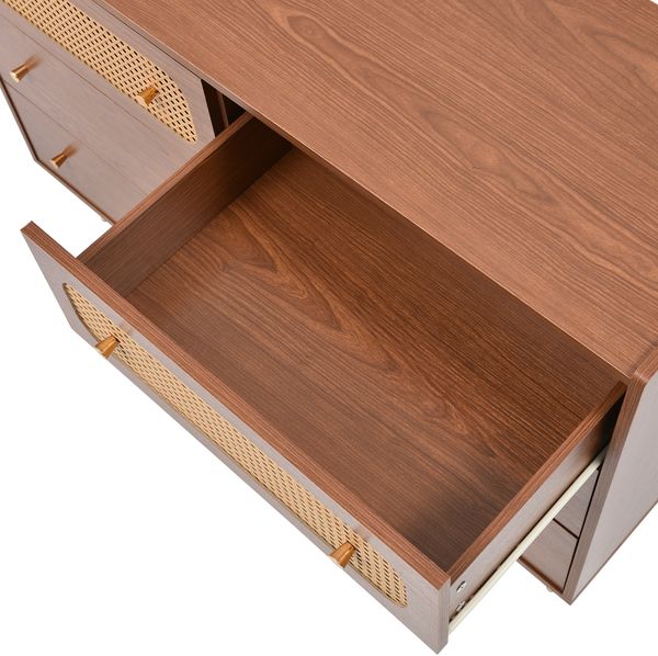 Kommode 120x40x90 cm, 6 Schubladen, Nussbaum-Optik mit Metallbeinen und Rattan-Details,Nussbaum Bild 6