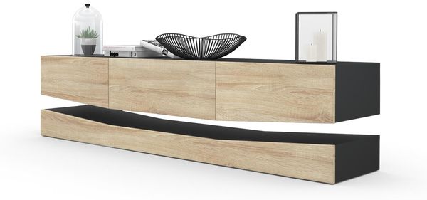 Vladon Lowboard City, TV-Kommode mit Sockelelement, 1 offenem Fach und 3 Schubkästen, Schwarz matt/Eiche Sägegrau (178 x variabel x 39 cm)