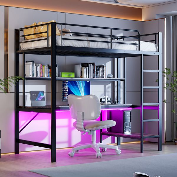 Hochbett, 90*200 cm, Geländer, Trittleiter, mit usb und Steckdose, Mit LED-Leuchten, Schreibtisch, mehrstöckiges Regal, ohne Matratze, Metall, schwarz