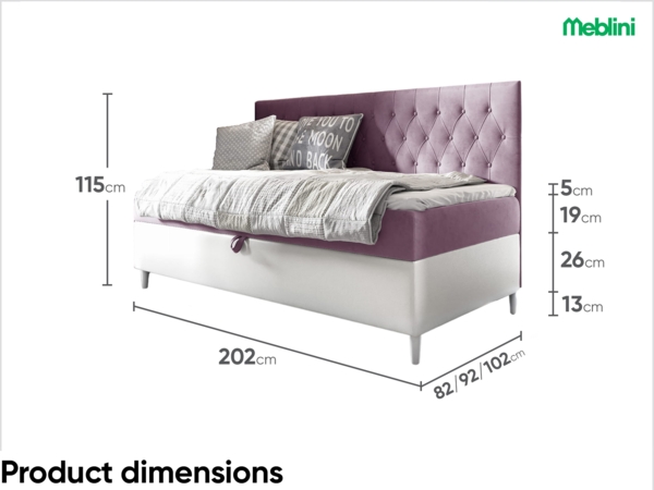 MEBLINI Kinderbett mit Bettkasten FILIPPO 2 80x200 – H3/Lila Samt Gepolstert Einzelbett mit Matratze - Polsterbett mit Stauraum - Bett mit Kopfteil – Stauraumbett Bild 6
