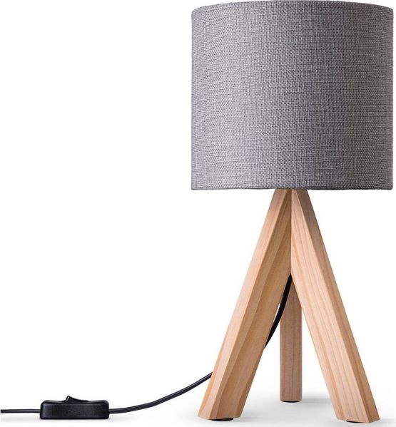 Paco Home Tischleuchte BAJO CANVAS UNI COLOR, ohne Leuchtmittel, Dreibein massiv Holz, Textilschirm uni Leinen, Ø 17 cm, H. 35 cm