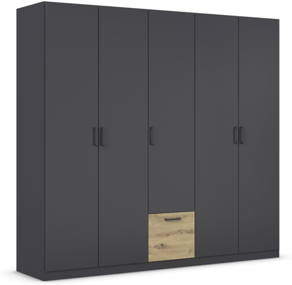 Rauch Möbel Bari, Drehtürenschrank, 5-türig, Kleiderschrank Grau-Metallic/Eiche Artisan, 1 Schublade, 226 x 210 x 54 cm