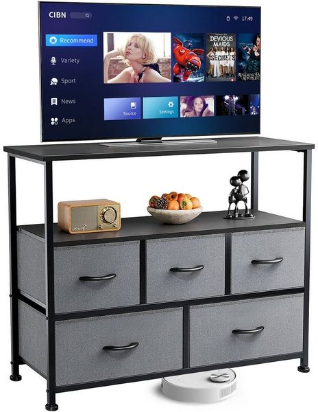 Refined Living TV-Schrank Stoffkommode mit 5 Schubladen mit Griffen stabilem Stahlrahmen (Hält 45“ TV mit offenen Regalen, Medienkonsole, Sideboards mit Holzoberfläche und Stoffschubladen TV-Board Lowboard) Kommode Geeignet für Kleidung, Kinder, Wohnrä...