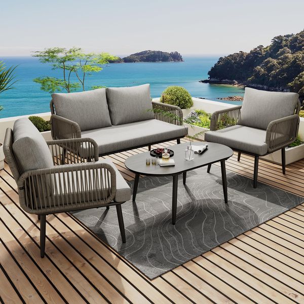 Ball & Cast Gartenmöbel Set für 4 Personen, Balkonmöbel mit 2-Sitzer Sofa, 2 Sesseln und Couchtisch, Glasplatte im Holzmaserungsstil, Grau
