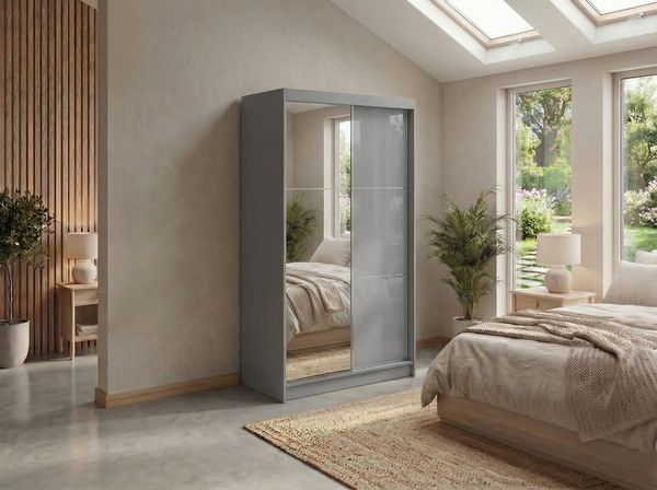 Schwebetürenschrank WALENCJA mit Spiegel & Lacobel-Glas, moderner Kleiderschrank, Breite 120 cm, High-Gloss Design - Grau