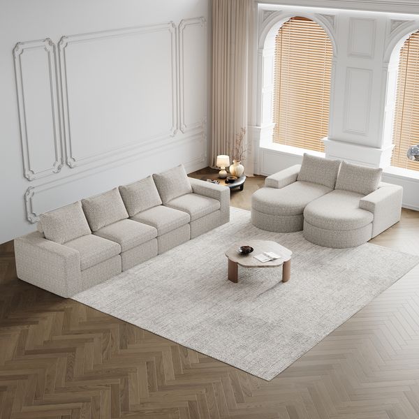 Modulares Sofa H 81.2 x T 322.5 x B 271.5 cm aus Chenille in Beige mit variabler Chaiselongue