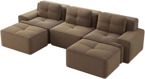 Flieks 3-Sitzer Sofa, Modular U-Form Schlafsofa, Tiefsofa mit 2 Ottoman & 3 Kissen, Cord, Braun Bild 9