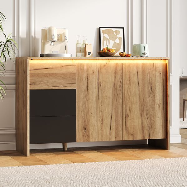 Merax Sideboard, Küchenschrank, Kommode mit 3 Schubladen und 2 Türen, Mehrfarbige LED-Lichteffekte, Buffetschrank für Wohnzimmer, Esszimmer, Holzfarbe&Schwarz