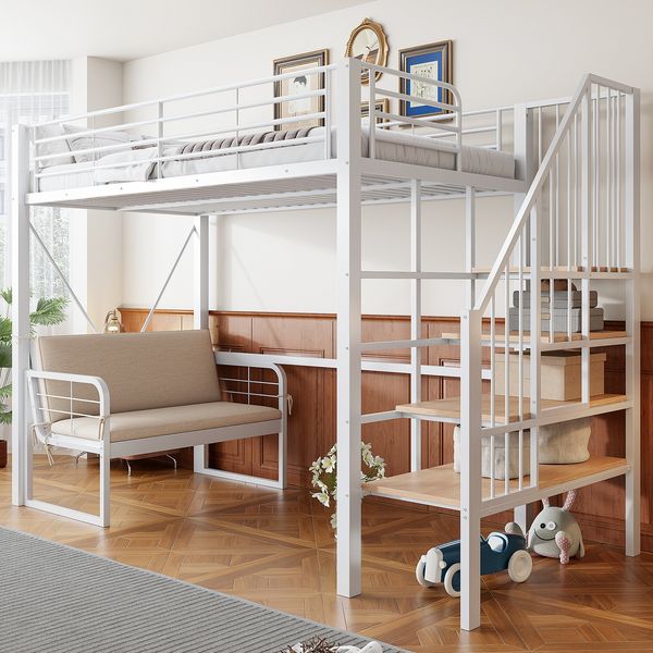 Merax Hochbett, Etagenbett (90 x 200 cm ) Jugendbett, Kinderbett mit stabilem Metallrahmen, Hochbett mit abnehmbarem Polstersofa, Stauraum und Sicherheitstreppe, Weiß