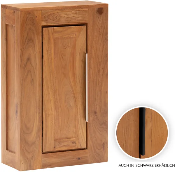 Hängeschrank Wandschrank Bad-Hängeschrank Akazie Massivholz braun massivum Osbon Metallgriff silber 45 x 70 x 25 cm Holzschrank über WC schmal