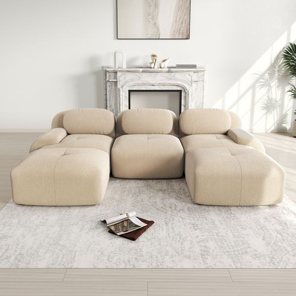 3-Sitzer Sofa 298×178×75 cm aus Cordstoff rahmenlos modular mit 2 Ottomanen, beige