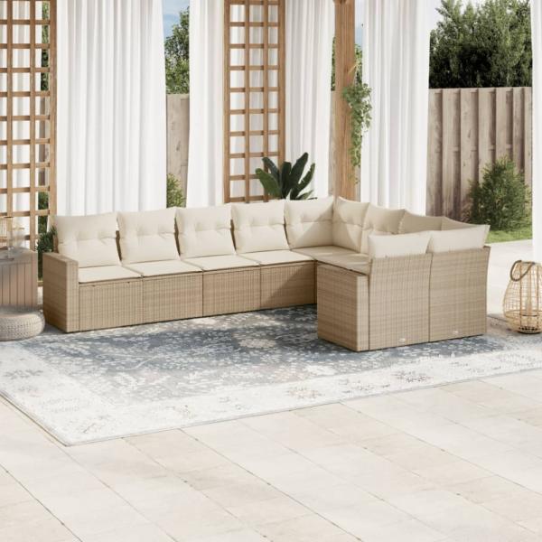 vidaXL 9-tlg. Garten-Sofagarnitur mit Kissen Beige Poly Rattan 3219428