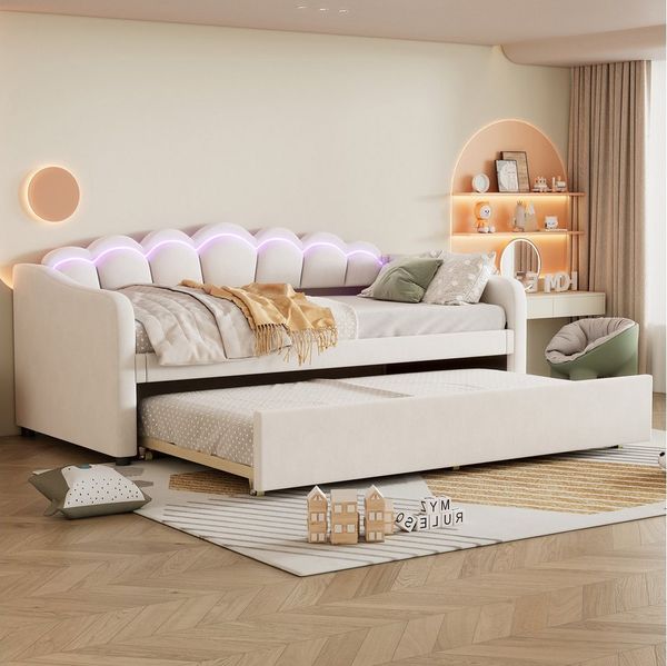 Merax Daybett 90x200 cm mit Ausziehbett 90x190 cm (1 tlg), Samt Polsterbett Schlafsofa Kinderbett Tagesbett mit LED-Streifen