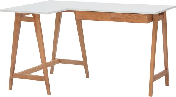 Ragaba Eckschreibtisch mit 2 Schubladen und Fußstütze, MDF & Massives Eschenholz Eichenbeize, 135x85 cm, Weiß, Links