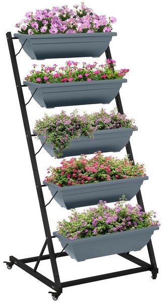 Outsunny Pflanzentreppe Blumenständer mit 5 Etagen Pflanzenständer mit Rollen, Löchern (Pflanzenregal, 1 St, Blumenständer), für Garten, Stahl, Grau, 65 x 67 x 145 cm