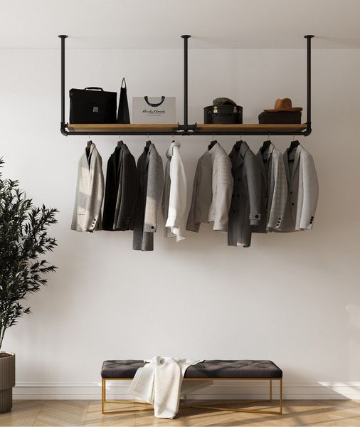 RSR Hangers Kleiderstange Garderobenleiste Kleiderstange Garderobe „DIEK“ mit Eichenholz Ablage