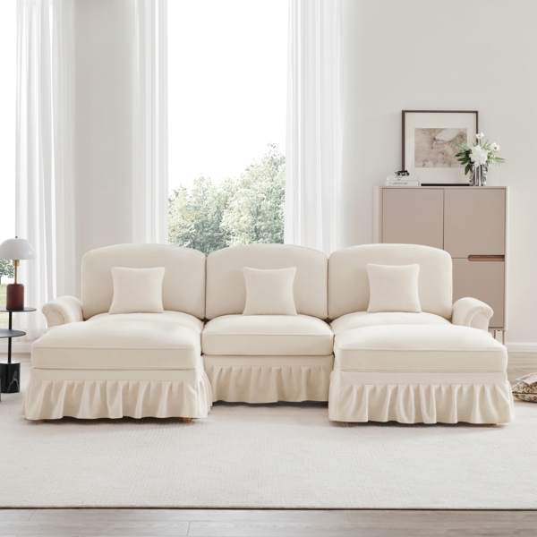 Klassisches modulares U-förmiges Sofa, Chenille, Trichter-Armlehnen, abnehmbare Rüschenschürze, spindelförmige Beine, beweglicher Hocker, weiches, tiefes Cloud-Sofa fürs Wohnzimmer, weiss