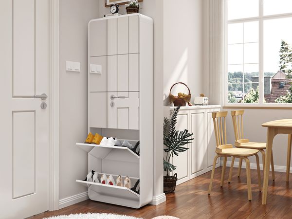 Schuhschrank mit Spiegel 176cm, 5 Klappen für 15 Paar Schuhe, weiß Hochglanz & elegantes Design