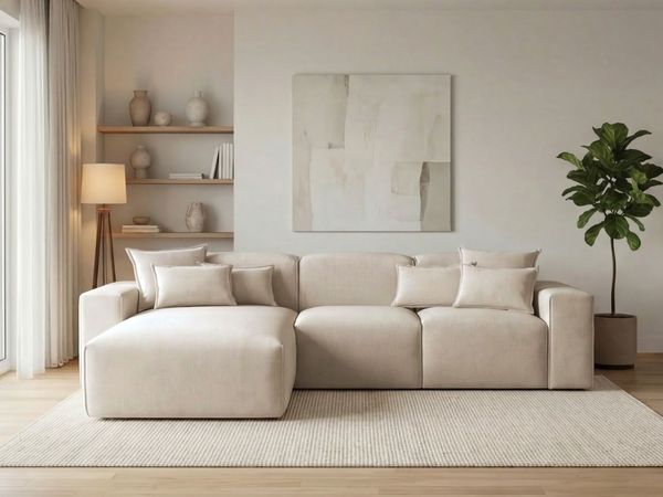 GRAINGOLD Ecksofa Leni, Ecksofa fürs Wohnzimmer, Wohnzimmer Ecksofa L-Form, Velour-Stoff, Beige, Links