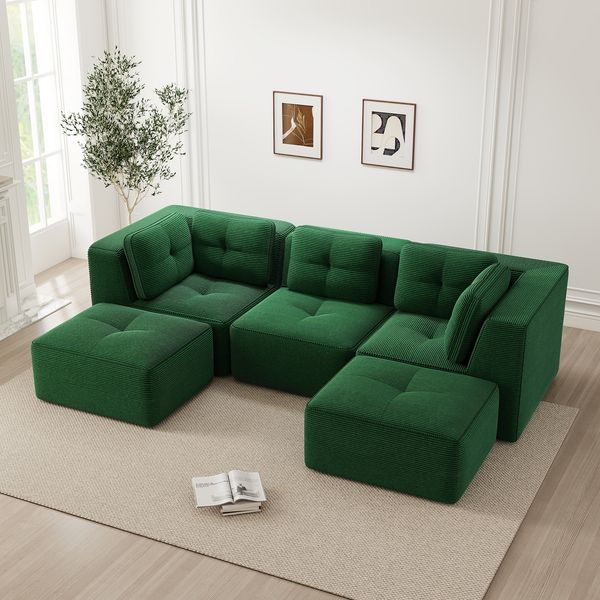 Flieks 3-Sitzer Modulares Sofa mit 2x Hocker, Cloud Sofa Cord rahmenlos, Lounge Sofa bodennah, mit breiten Armlehnen, Grün