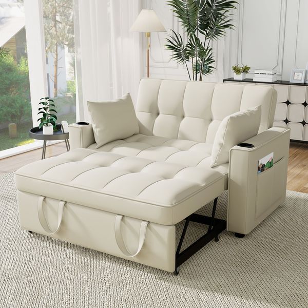 Klappbares Schlafsofa, Multifunktionssofa mit Schlaffunktion, Schlafsofa mit Getränkehalter und Kissen, geeignet für Wohnzimmer, Schlafzimmer, Beige