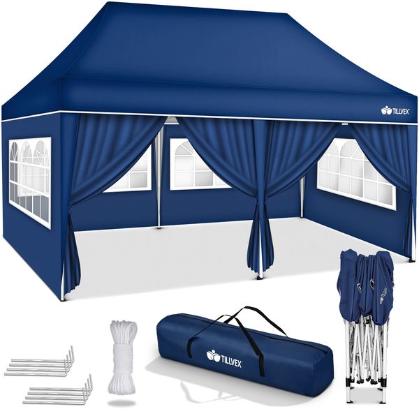 tillvex Pavillon 3x6m - mit 6 Seitenwänden Blau wasserdicht | Pop-Up Faltpavillon höhenverstellbar | Gartenzelt UV Schutz 50+ | Partyzelt mit Tasche für Garten