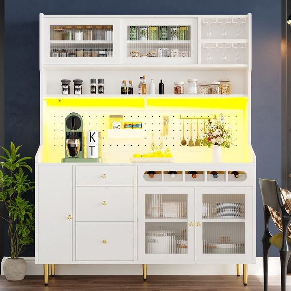 Flieks Küchenbuffet mit LED-Beleuchtung, Lochwandregalen, Gläserhalter und Weinregal (145x39x171 cm, 1-St, Buffetschrank mit Glasschiebetüren und Schubladen) Hochschrank Küchenschrank Geschirrschrank mit verstellbarer Ablagen