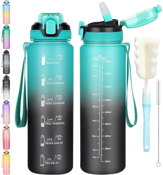 CodiCile Trinkflasche 1l mit Strohhalm Zeitmarkierung Schwarz Grün