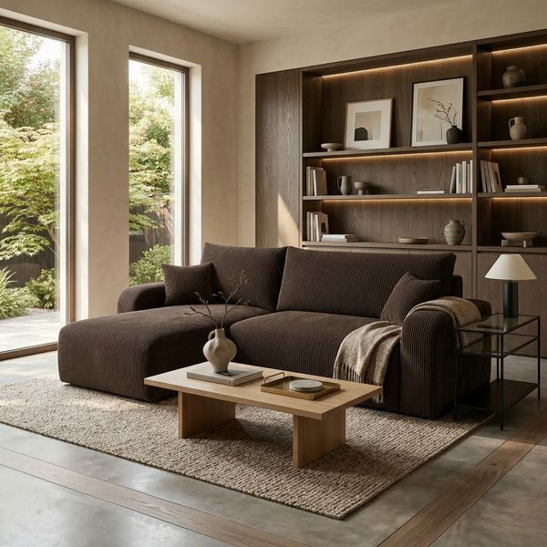 Wohnero24 Habana Ecksofa 251x153 cm mit Schlaffunktion 207x133 cm – Eckcouch mit Bettkasten – Cord Braun Sofa L-Form – Wohnlandschaft Modern – Universal Montierbar