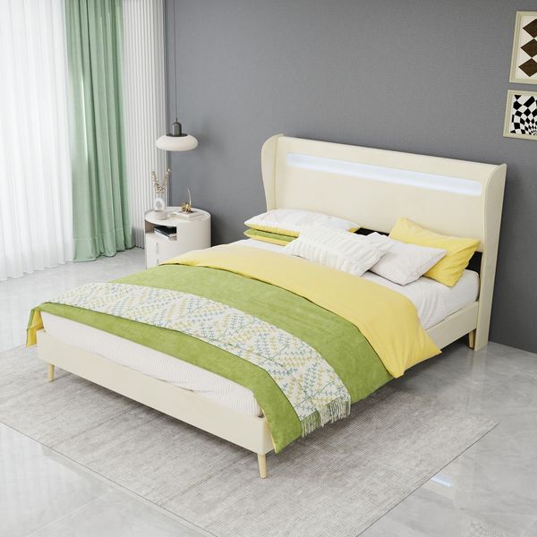 Modern Minimalist Upholstered Bed with Soft LED-backlit Headboard, 140x200 cm, Beige, Multifunctional Bedroom Furniture, Low-profile Non-storage Base (No Gas Lift), Mattress Not Included.